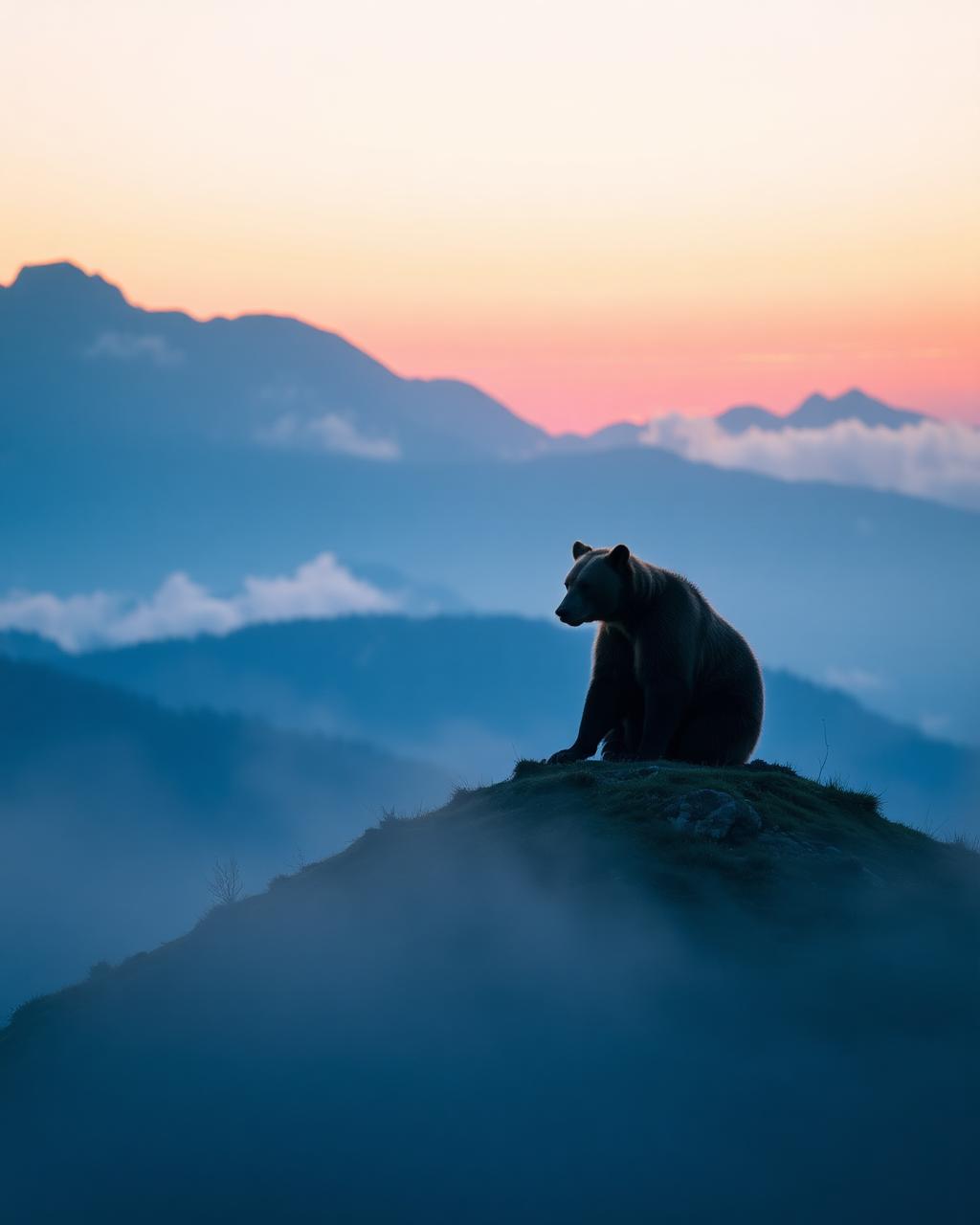 Bear gazing at misty mountains at dawn