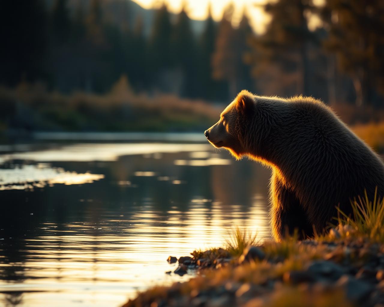 Bear watching a calm river at golden hour