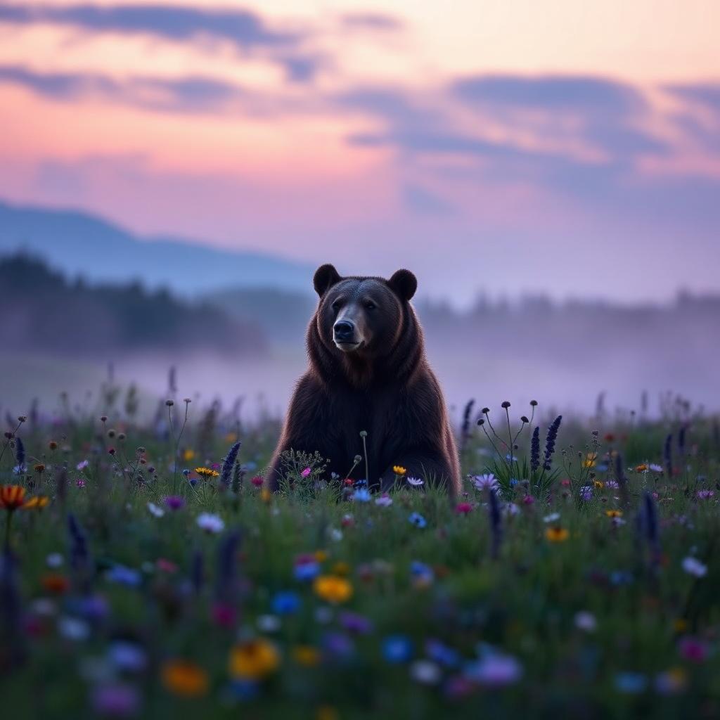 Bear sitting in a wildflower meadow