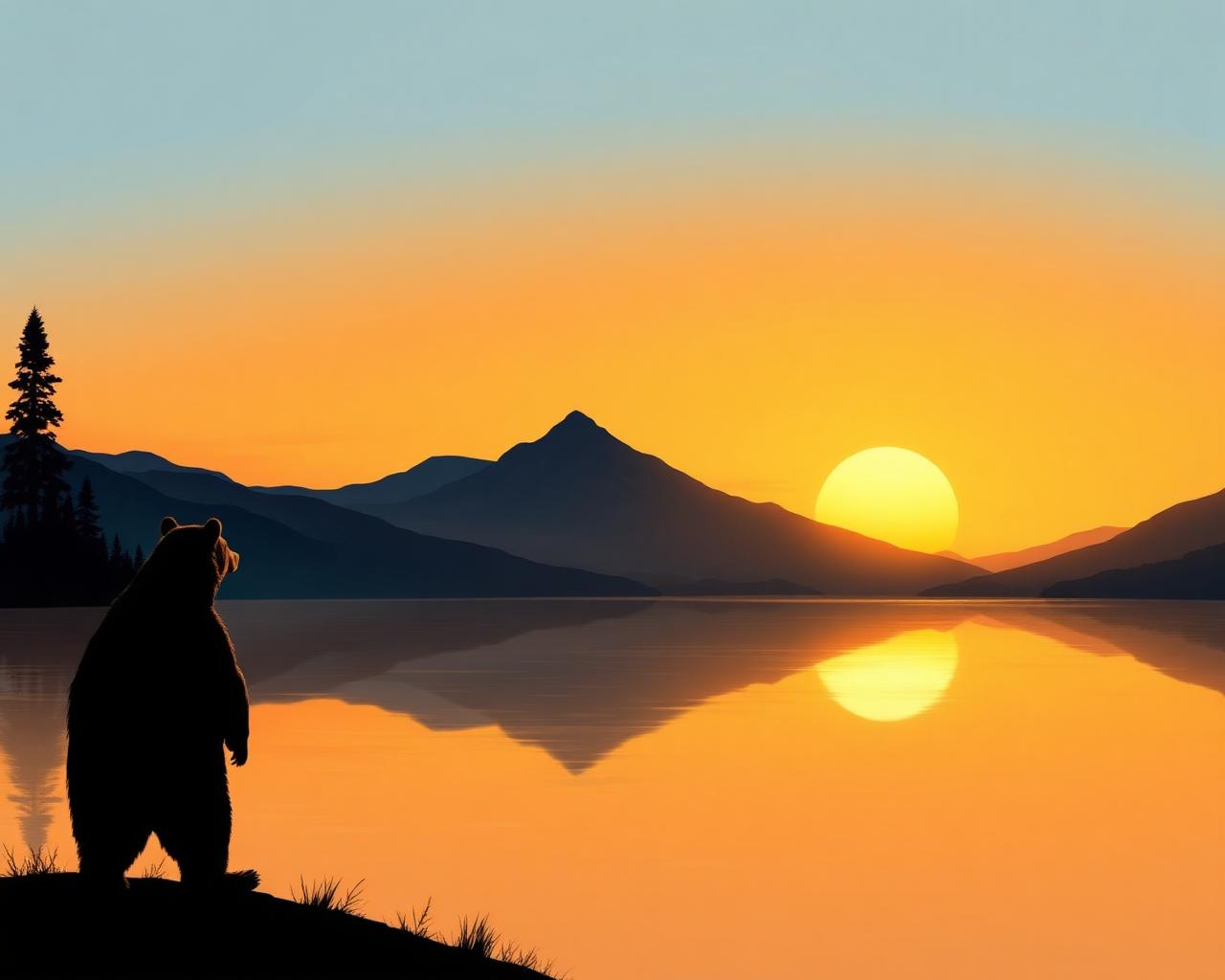 Bear silhouette at sunset by a lake