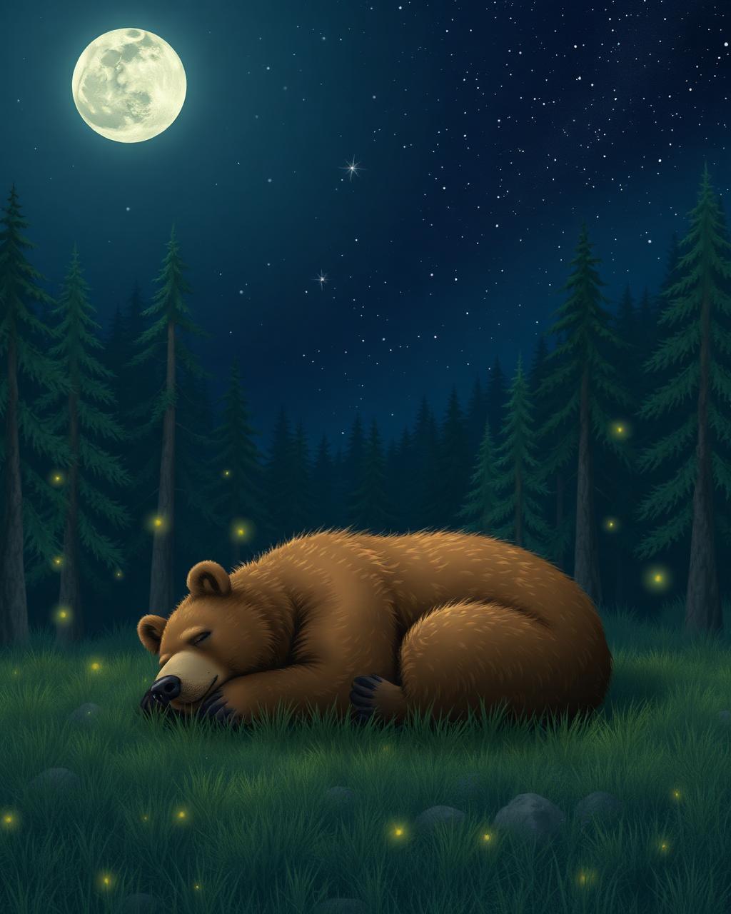 Bear sleeping under a starry sky