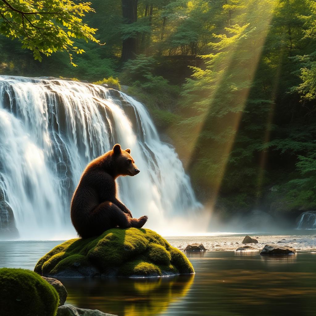 Bear by a waterfall in a sunlit forest